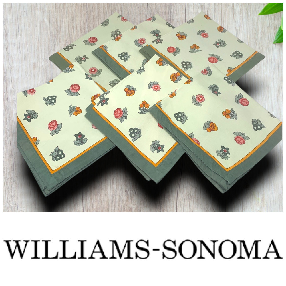 Lot 6 x Williams Sonoma Floral Napkins Square 20” Green Border Botanical